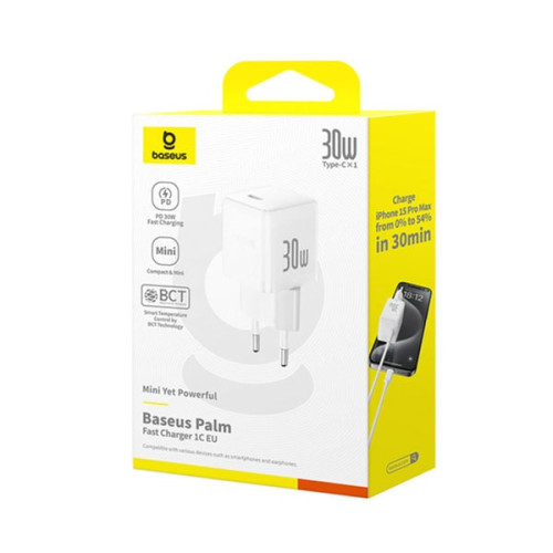 Сетевое зарядное Baseus Palm P10111605213-01 Fast Charger 1C 30W EU белый (с кабелем Type-C to Type-C 60W 1m)