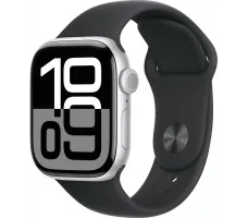 Умные часы Apple Watch Series 10 42 мм (алюминиевый корпус, серебристый/черный, спортивный силиконовый ремешок S/M)