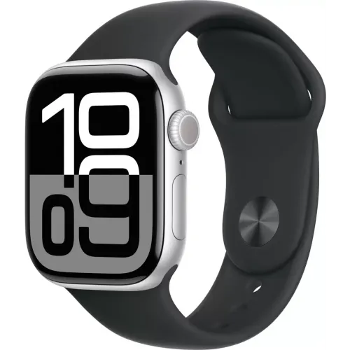 Умные часы Apple Watch Series 10 42 мм (алюминиевый корпус, серебристый/черный, спортивный силиконовый ремешок S/M)