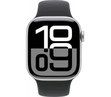 Умные часы Apple Watch Series 10 42 мм (алюминиевый корпус, серебристый/черный, спортивный силиконовый ремешок S/M)