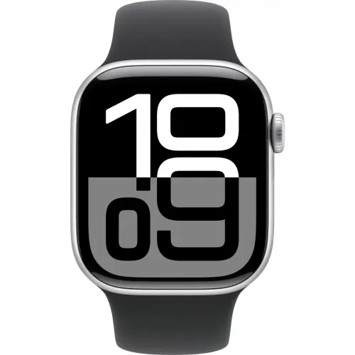 Умные часы Apple Watch Series 10 42 мм (алюминиевый корпус, серебристый/черный, спортивный силиконовый ремешок S/M)