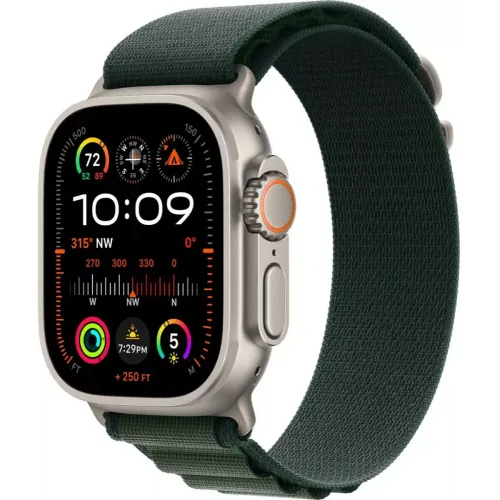 Умные часы Apple Watch Ultra 2 LTE 49 мм (титановый корпус, титановый/темно-зеленый, ремешок из полиэстера M)