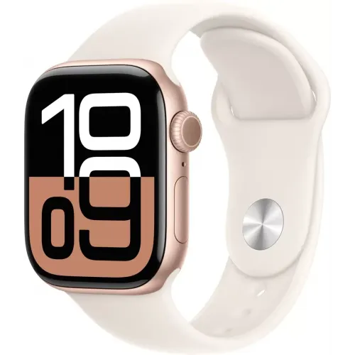Умные часы Apple Watch Series 10 46 мм (алюминиевый корпус, розовое золото/звездный свет, спортивный силиконовый ремешок M/L) MWWU3