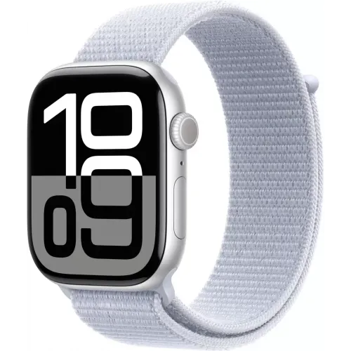 Умные часы Apple Watch Series 10 46 мм (алюминиевый корпус, серебристый/голубой, нейлоновый ремешок)