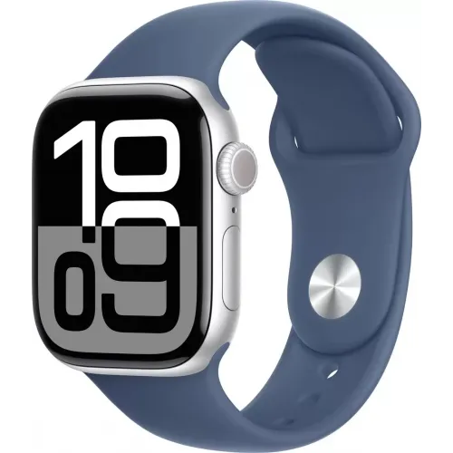 Умные часы Apple Watch Series 10 42 мм (алюминиевый корпус, серебристый/«синий деним», спортивный силиконовый ремешок S/M) MWWA3