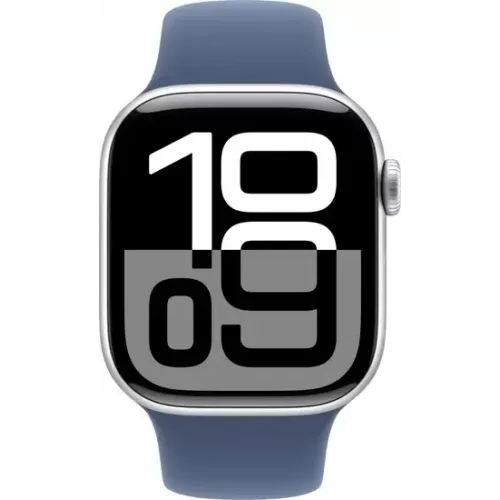 Умные часы Apple Watch Series 10 42 мм (алюминиевый корпус, серебристый/«синий деним», спортивный силиконовый ремешок M/L) MWWC3