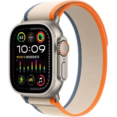 Умные часы Apple Watch Ultra 2 LTE 49 мм (титановый корпус, титановый/бежево-оранжевый, нейлоновый ремешок размера S/M)