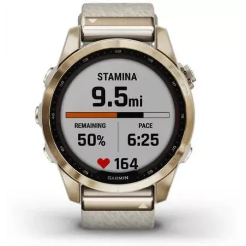 Умные часы Garmin Fenix 7S Sapphire Solar 42 мм (золотой титан/меланж нейлон)