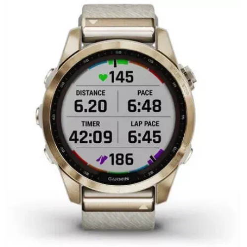 Умные часы Garmin Fenix 7S Sapphire Solar 42 мм (золотой титан/меланж нейлон)