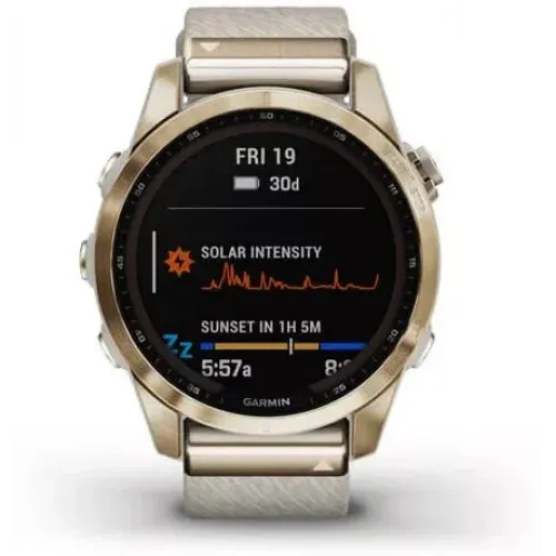Умные часы Garmin Fenix 7S Sapphire Solar 42 мм (золотой титан/меланж нейлон)