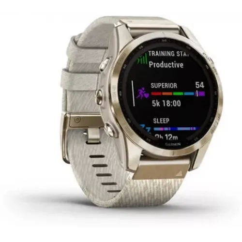 Умные часы Garmin Fenix 7S Sapphire Solar 42 мм (золотой титан/меланж нейлон)