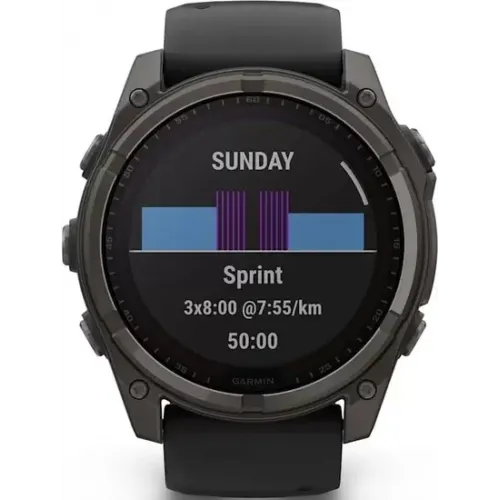Умные часы Garmin Fenix 8 Solar, Sapphire 51мм (титановый угольно-серый с DLC-покрытием и черным ремешком)