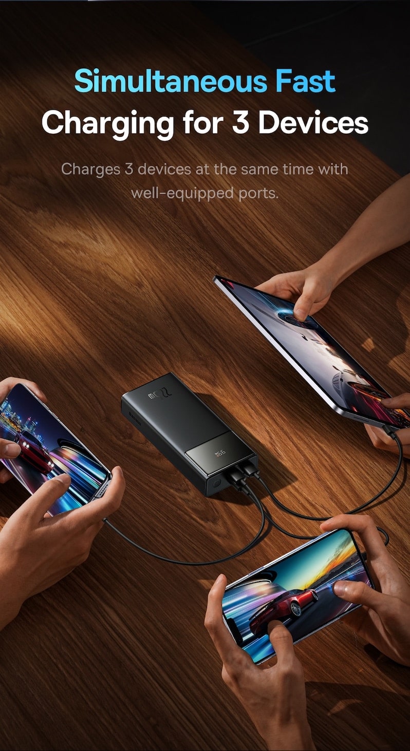 Заряжает одновременно 3 устройства 